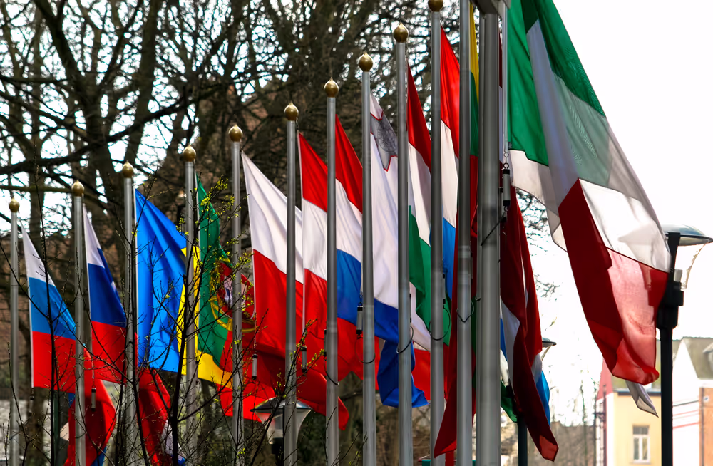 Flags of some country members of the European Union floating in the wind