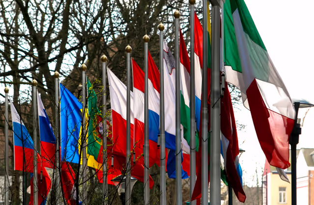 Photo 32: Flags of some country members of the European Union floating in the wind
