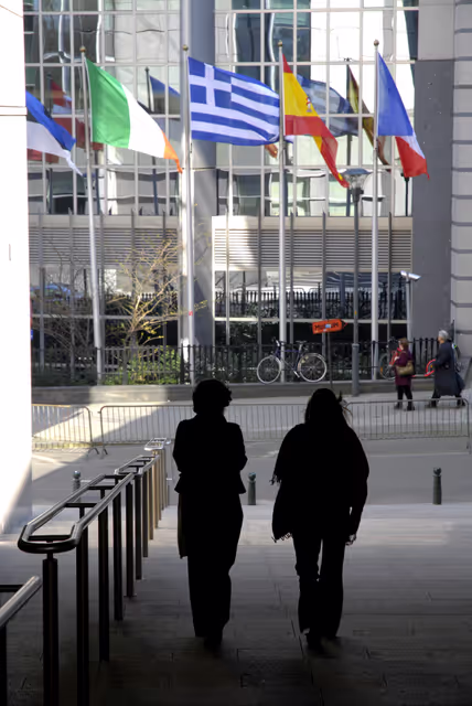 Photo 24: People walking in front of the flags of the EU member states at the EP in Brussels.