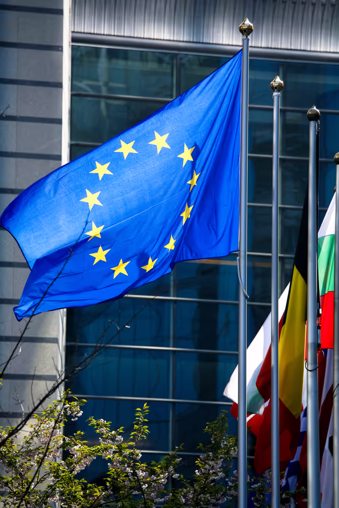 European flag with various flags of country members of the European Union floating in the wind