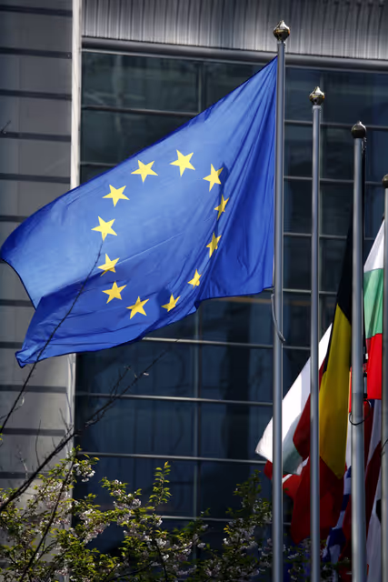 Photo 1: European flag in front of the EP in Brussels.