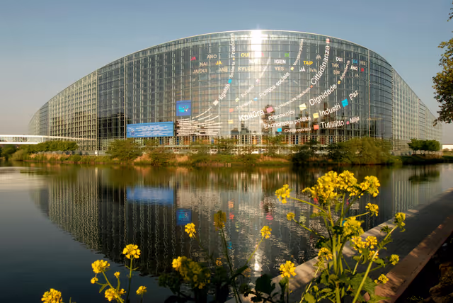 Снимка 28: Outside view on the European Parliament building Louise Weiss in Strasbourg - LOW