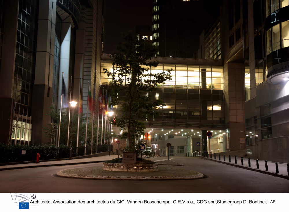 Nighttime view of the EP in Brussels.