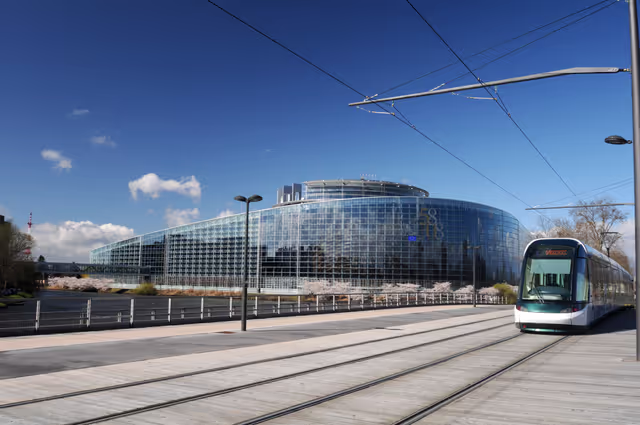 Снимка 8: A tram passes by the European Parliament building Louise Weiss in Strasbourg - LOW