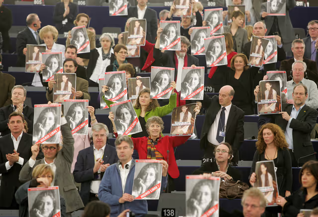 Demonstration for the liberation of Ingrid Betancourt and other hostages in Colombia during the pelenary session of the EP in Strasbourg.