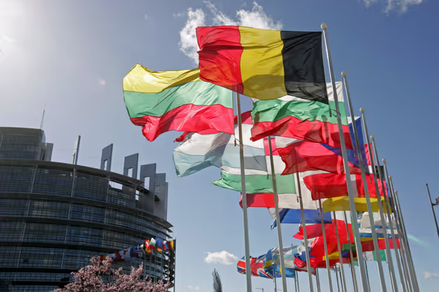 Photo 12: Flags of the EU member states in front of the EP in Strasbourg.