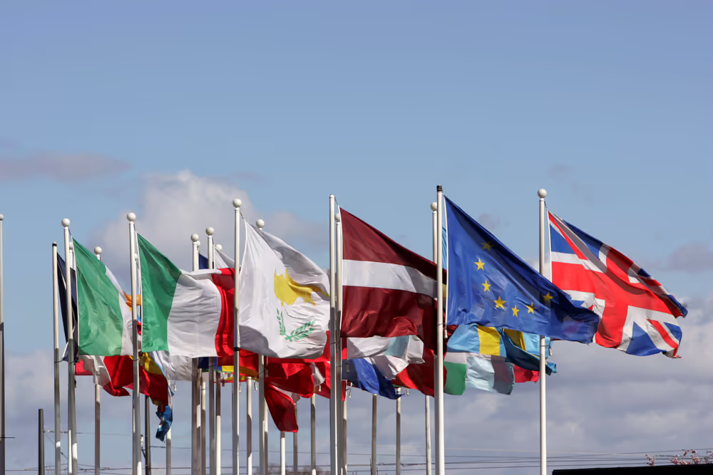 Flags of the EU member states in front of the EP in Strasbourg.