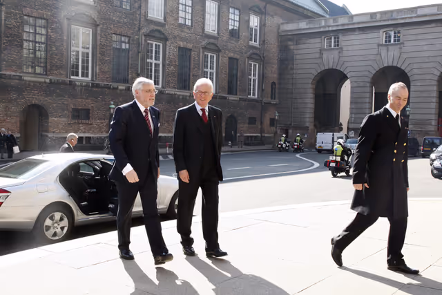 Снимка 38: Hans-Gert POTTERING, EP President, is received by her Majesty the Queen with president of the Folketing Thor PEDERSEN during his official visit to Danemark, Copenhagen, April 1st, 2008...