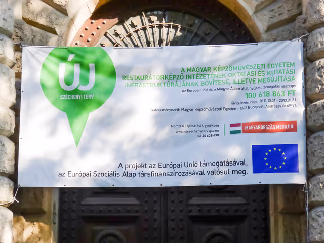Banner outside the building of the University of Fine Arts in Budapest - Renovation and enlargement works in the building are partly financed by the EU Social Fund