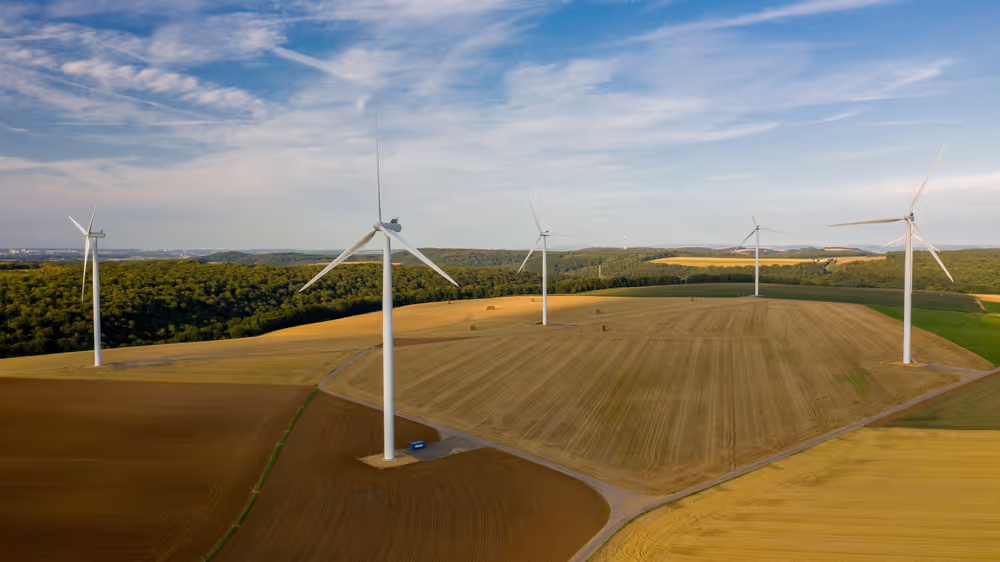 Aerial view of wind turbines in Ottange, Northeastern France