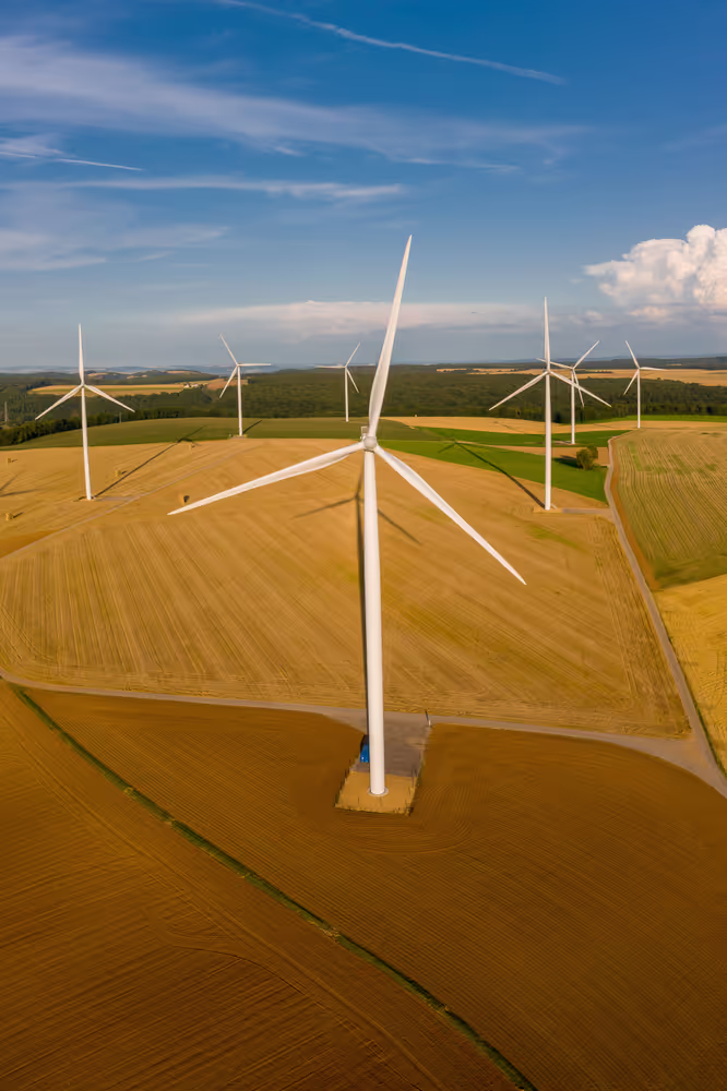 Aerial view of wind turbines in Ottange, Northeastern France