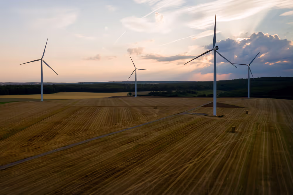 Aerial view of wind turbines in Ottange, Northeastern France