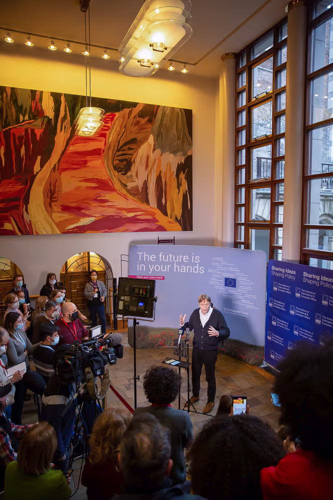Conference on the Future of Europe - Guy Verhofstadt, during the Press Conference. Panel 1 : Stronger economy, social justice, jobs, education, culture, sport, digital transformation, in Dublin