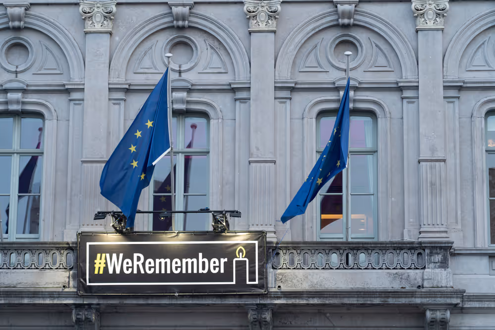 International Holocaust Remembrance Day WeRemember banner outside the EP headquarters in Brussels