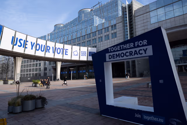 2024 European elections campaign banner on the Agora Simone Veil of the European Parliament in Brussels