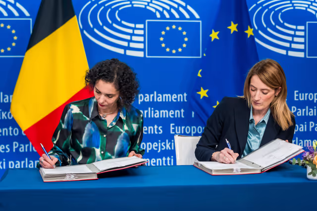 LEX signing ceremony in presence of Roberta METSOLA, EP President and Hadja LAHBIB, Belgian Minister for Foreign Affairs and European Affairs, on behalf of the Belgian Presidency of the Council