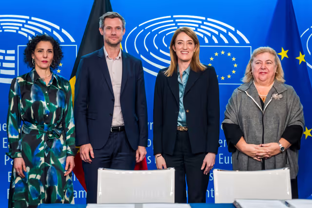 LEX signing ceremony in presence of Roberta METSOLA, EP President and Hadja LAHBIB, Belgian Minister for Foreign Affairs and European Affairs, on behalf of the Belgian Presidency of the Council