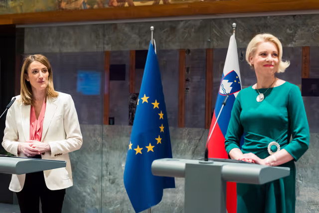 Official visit by Roberta METSOLA, EP President to Ljubljana (Slovenia) - Press point with Urška KLAKOČAR ZUPANČIČ, President of the Slovenian National Assembly