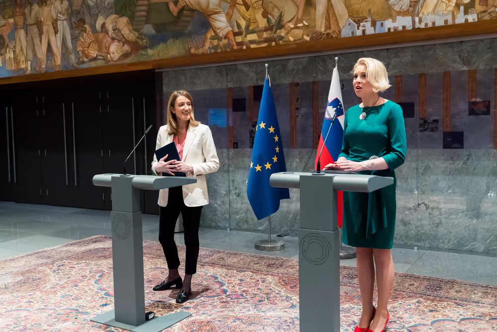 Official visit by Roberta METSOLA, EP President to Ljubljana (Slovenia) - Press point with Urška KLAKOČAR ZUPANČIČ, President of the Slovenian National Assembly