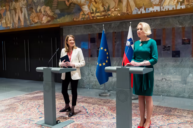 Official visit by Roberta METSOLA, EP President to Ljubljana (Slovenia) - Press point with Urška KLAKOČAR ZUPANČIČ, President of the Slovenian National Assembly