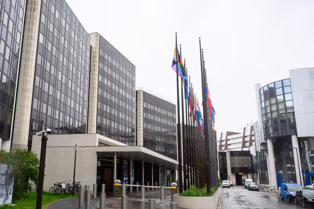 Fotografia 1: International Day Against Homophobia, Biphobia, Intersexism and Transphobia (IDAHOBIT) - Rainbow flag next to the EP buildings