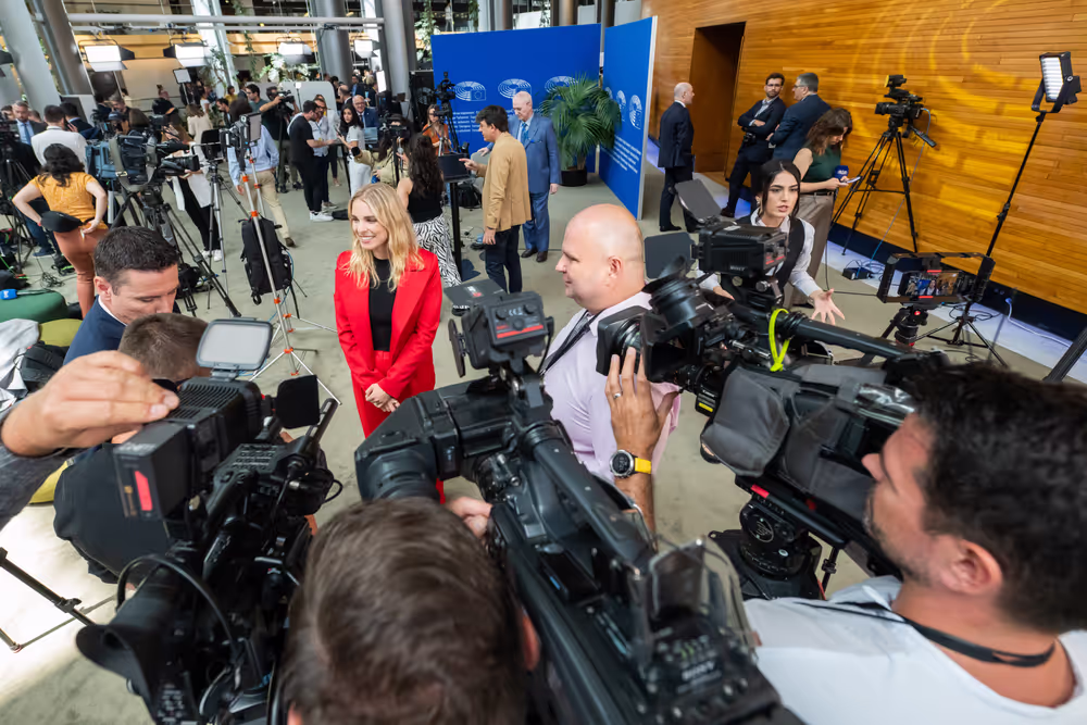 Illustration of journalists working around the Plenary chamber