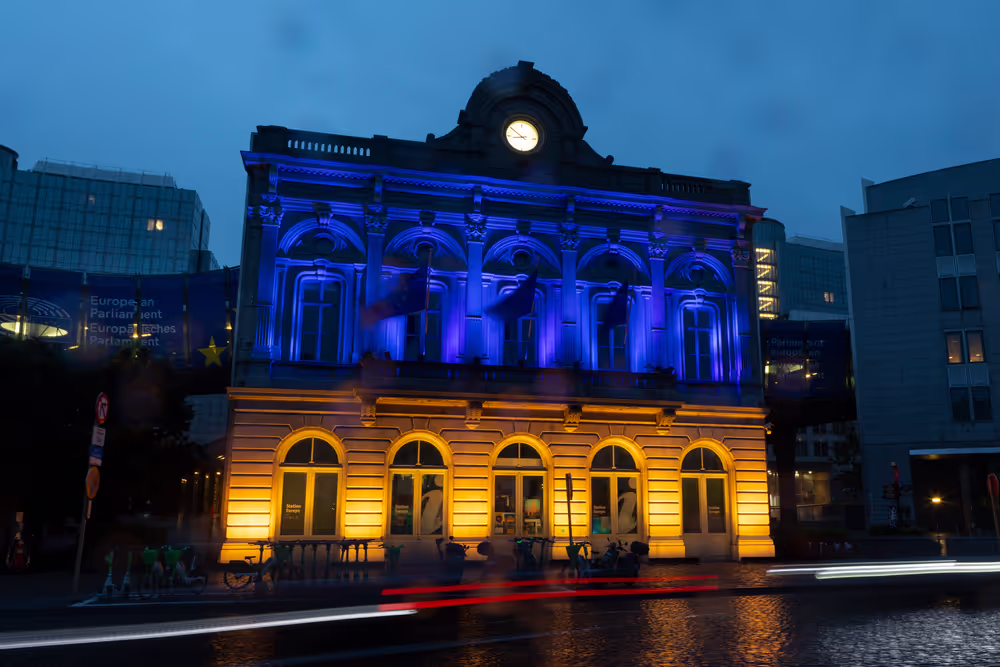 Anniversary of the Ukrainian Independence Day - Station Europe building in Brussels illuminated with the colours of the Ukrainian flag