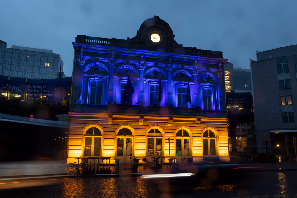 Anniversary of the Ukrainian Independence Day - Station Europe building in Brussels illuminated with the colours of the Ukrainian flag