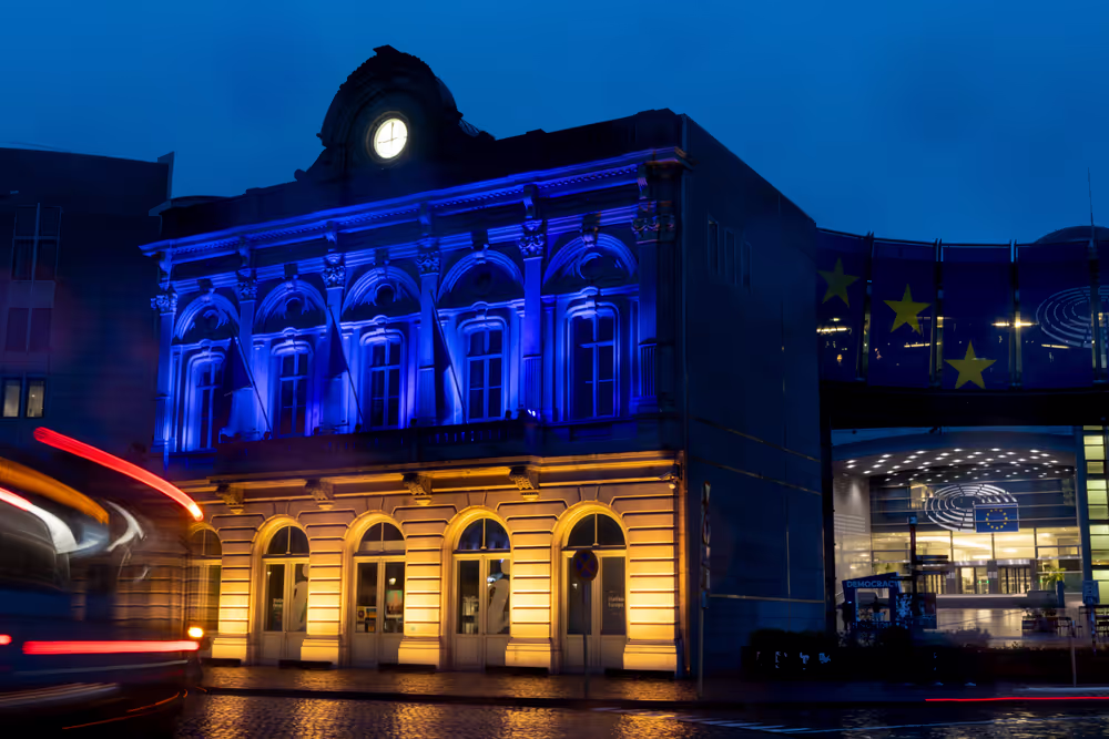 Anniversary of the Ukrainian Independence Day - Station Europe building in Brussels illuminated with the colours of the Ukrainian flag