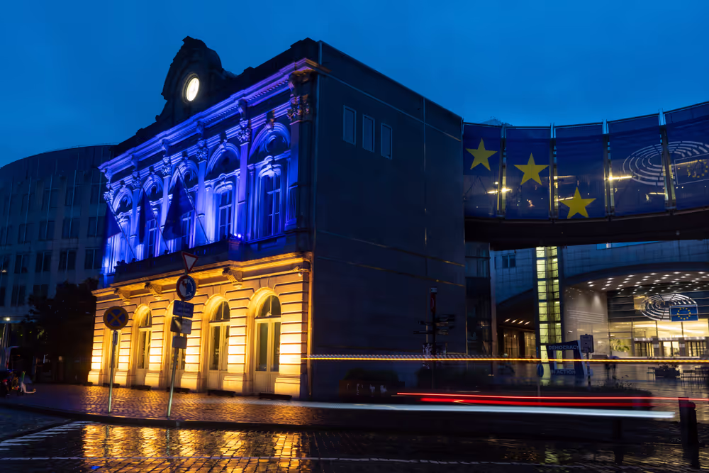 Anniversary of the Ukrainian Independence Day - Station Europe building in Brussels illuminated with the colours of the Ukrainian flag