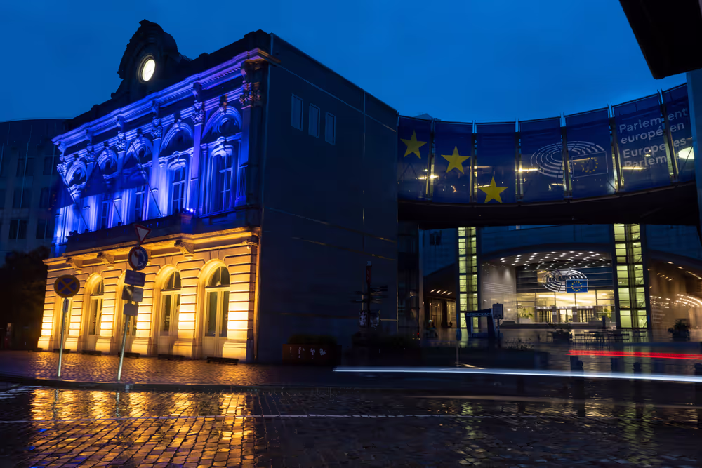 Anniversary of the Ukrainian Independence Day - Station Europe building in Brussels illuminated with the colours of the Ukrainian flag