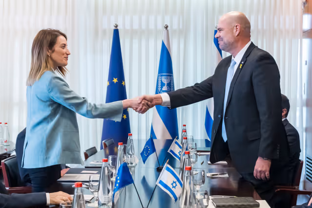 Photo 3: Official visit by Roberta METSOLA, EP President to Israel and occupied Palestinian territories: meeting with Amir OHANA, Speaker of the Israeli Parliament (Knesset) and Gideon SA'AR, Israeli Minister for Foreign Affairs