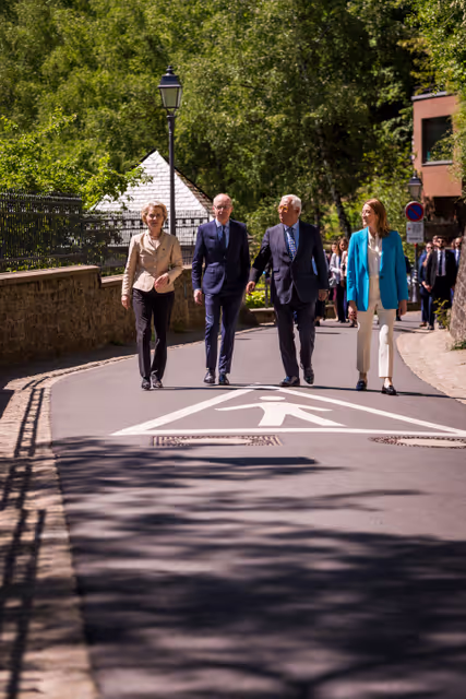 Fotografija 22: Europe day - 75th Anniversary of the Schuman Declaration Luxembourg with Luc FRIEDEN, Luxembourgish Prime Minister, Roberta METSOLA, EP President, António COSTA, President of the European Council and Ursula von der LEYEN, President of the European Commission