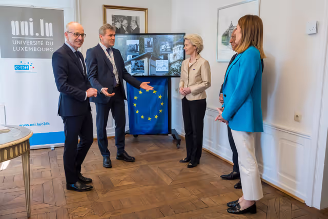 Fotografija 20: Europe day - 75th Anniversary of the Schuman Declaration Luxembourg with Luc FRIEDEN, Luxembourgish Prime Minister, Roberta METSOLA, EP President, António COSTA, President of the European Council and Ursula von der LEYEN, President of the European Commission