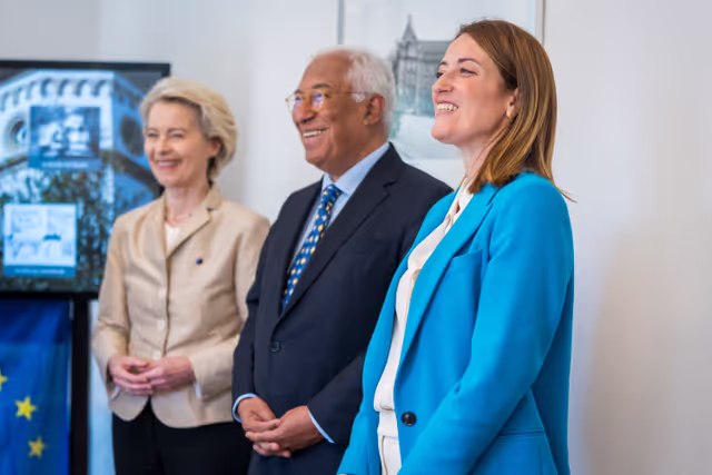 Fotografija 19: Europe day - 75th Anniversary of the Schuman Declaration Luxembourg with Luc FRIEDEN, Luxembourgish Prime Minister, Roberta METSOLA, EP President, António COSTA, President of the European Council and Ursula von der LEYEN, President of the European Commission