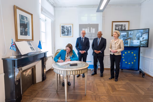 Fotografija 16: Europe day - 75th Anniversary of the Schuman Declaration Luxembourg with Luc FRIEDEN, Luxembourgish Prime Minister, Roberta METSOLA, EP President, António COSTA, President of the European Council and Ursula von der LEYEN, President of the European Commission