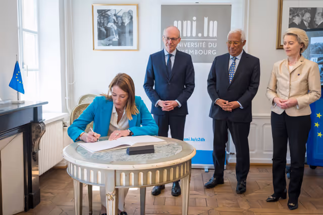 Fotografija 15: Europe day - 75th Anniversary of the Schuman Declaration Luxembourg with Luc FRIEDEN, Luxembourgish Prime Minister, Roberta METSOLA, EP President, António COSTA, President of the European Council and Ursula von der LEYEN, President of the European Commission
