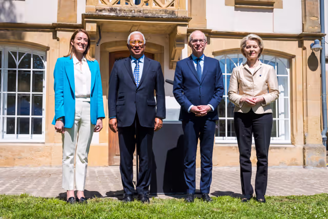 Fotografija 3: Europe day - 75th Anniversary of the Schuman Declaration Luxembourg with Luc FRIEDEN, Luxembourgish Prime Minister, Roberta METSOLA, EP President, António COSTA, President of the European Council and Ursula von der LEYEN, President of the European Commission