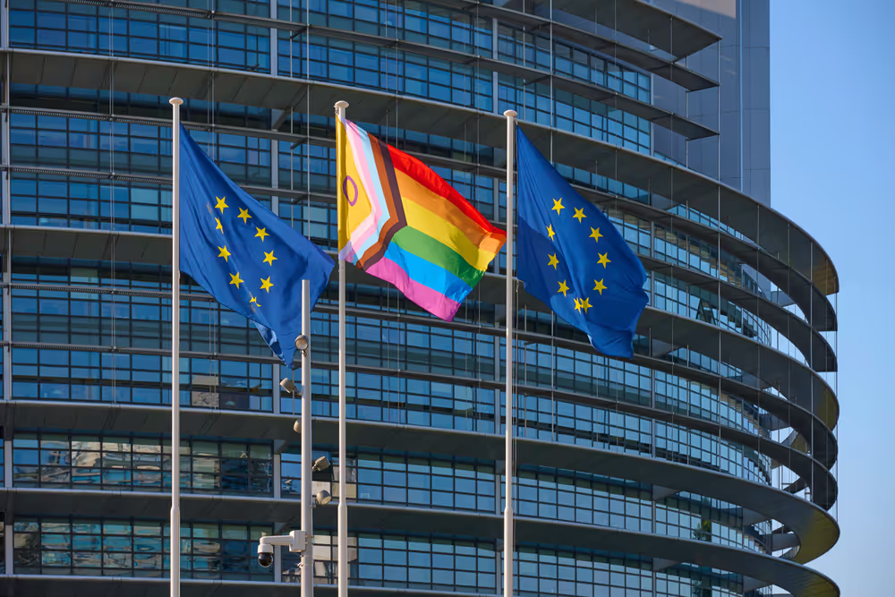International Day Against Homophobia, Biphobia and Transphobia (IDAHOBIT) 2025 - Rainbow flag next to the EP buildings in Brussels and Strasbourg