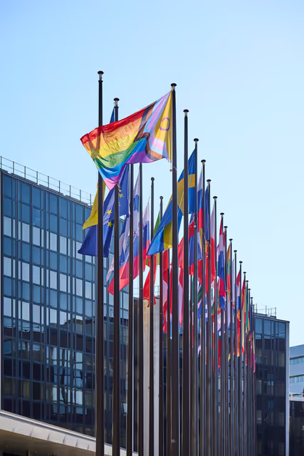 Fotografia 11: International Day Against Homophobia, Biphobia and Transphobia (IDAHOBIT) 2025 - Rainbow flag next to the EP buildings in Brussels and Strasbourg