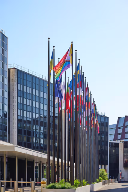 Fotografia 10: International Day Against Homophobia, Biphobia and Transphobia (IDAHOBIT) 2025 - Rainbow flag next to the EP buildings in Brussels and Strasbourg