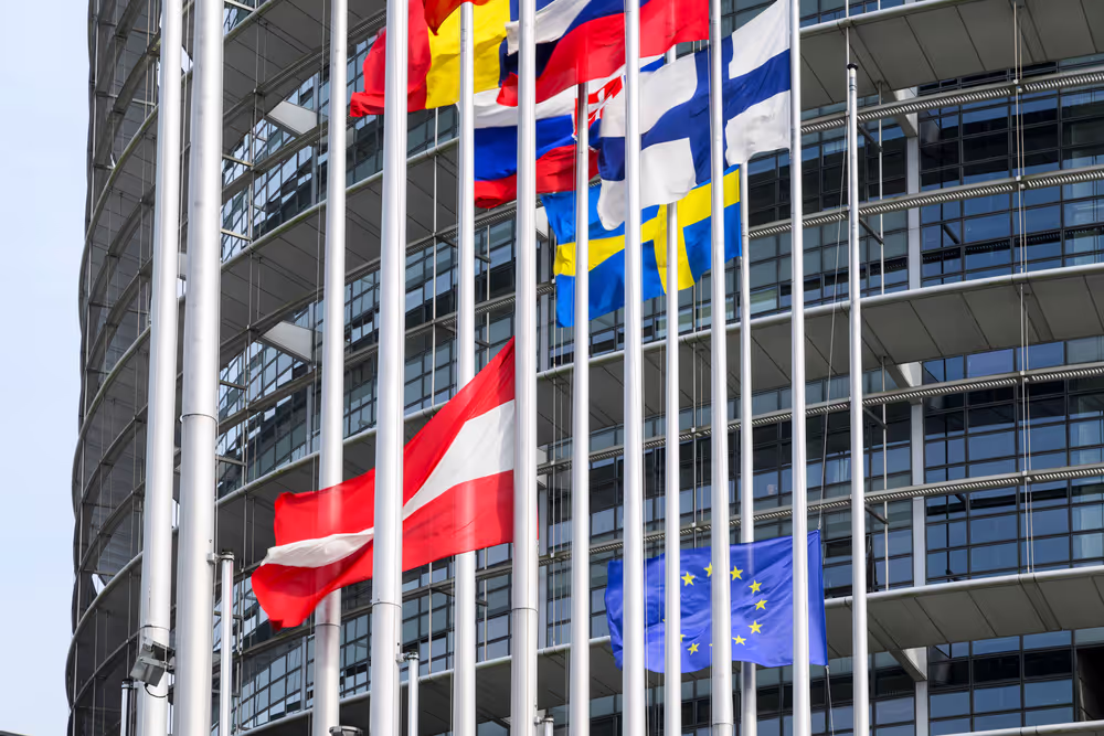 European and Austrian flags at half-mast in front of EP buildings in Brussels and Strasbourg, as a sign of European solidarity and out of respect for the victims of the school shooting in Graz, Austria