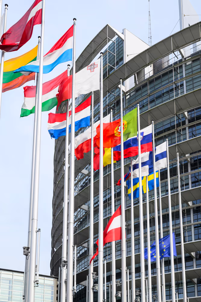 European and Austrian flags at half-mast in front of EP buildings in Brussels and Strasbourg, as a sign of European solidarity and out of respect for the victims of the school shooting in Graz, Austria