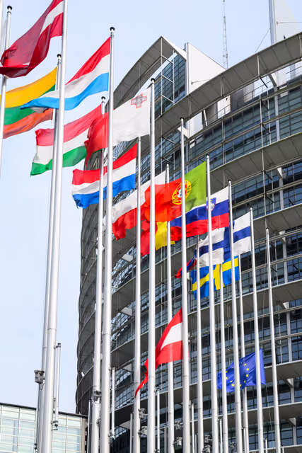 Снимка 5: European and Austrian flags at half-mast in front of EP buildings in Brussels and Strasbourg, as a sign of European solidarity and out of respect for the victims of the school shooting in Graz, Austria