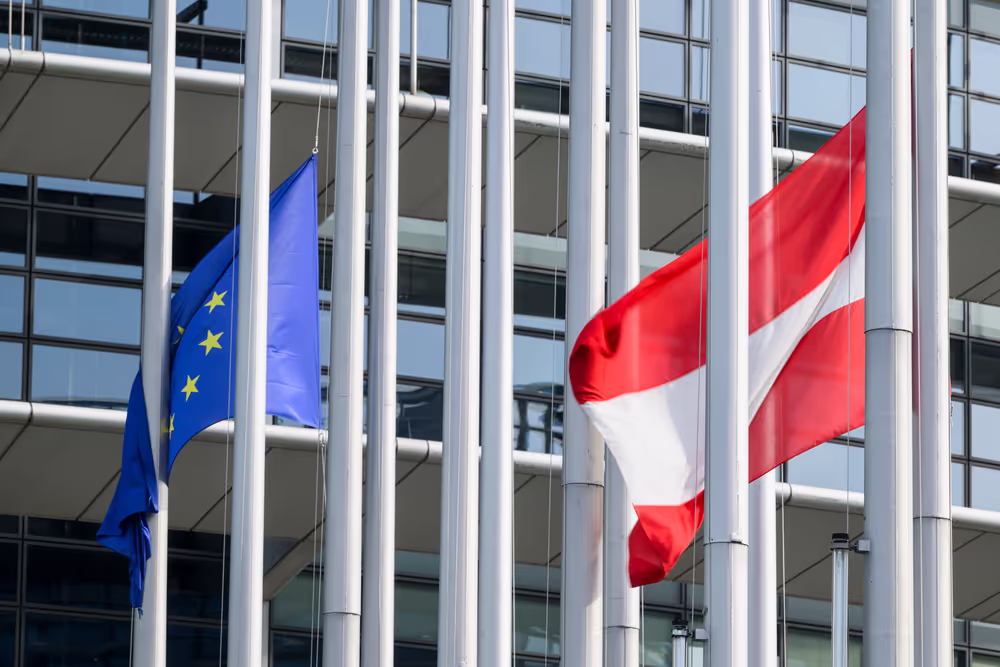 European and Austrian flags at half-mast in front of EP buildings in Brussels and Strasbourg, as a sign of European solidarity and out of respect for the victims of the school shooting in Graz, Austria