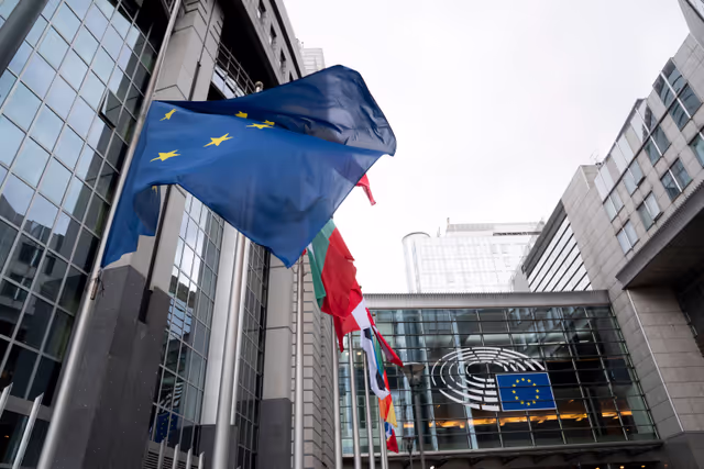 European and Austrian flags at half-mast in front of EP buildings in Brussels and Strasbourg, as a sign of European solidarity and out of respect for the victims of the school shooting in Graz, Austria