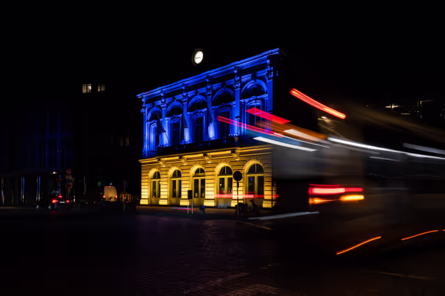 Ukraine Independance Day  - Station Europe building in Brussels illuminated with the colours of the Ukrainian flag