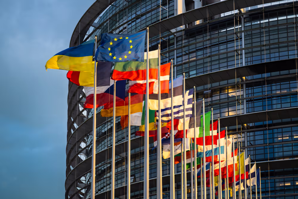 Flags of the country members of the European Union are raised at the EP headquarters in Strasbourg