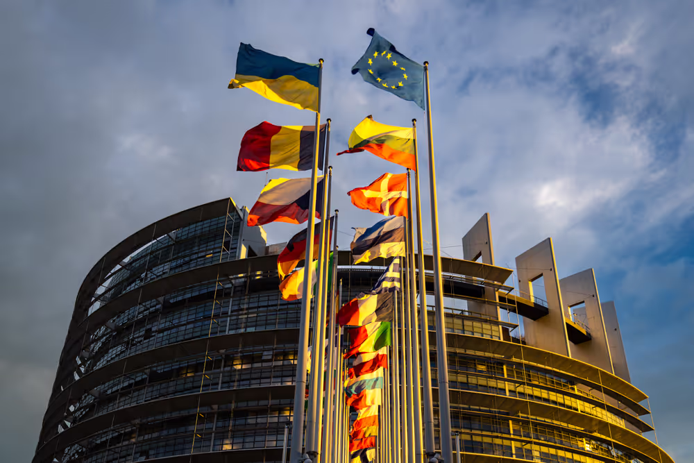 Flags of the country members of the European Union are raised at the EP headquarters in Strasbourg