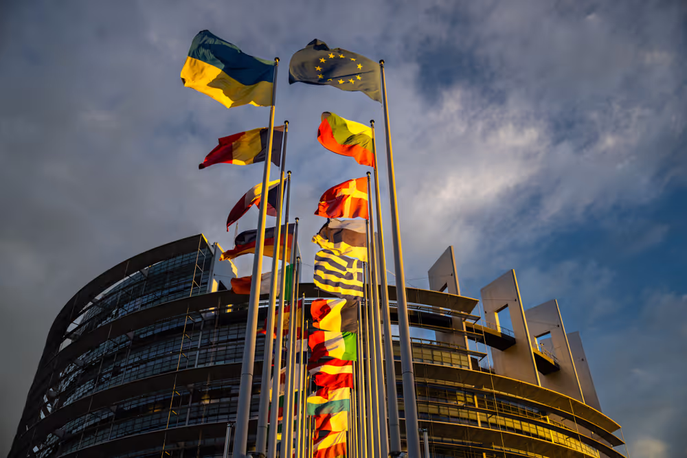 Flags of the country members of the European Union are raised at the EP headquarters in Strasbourg